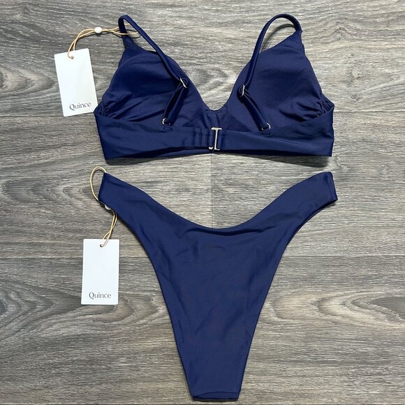 NWT Quince Small Italian Adjustable V Neck Bikini High Leg Cheeky Bottom Navy - Picture 2 of 8